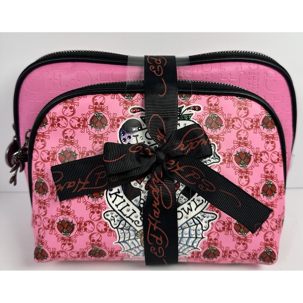 Ed Hardy Pink Skull Heart 2PC Cosmetic Bag Set Rhinestone Makeup Bags NWT